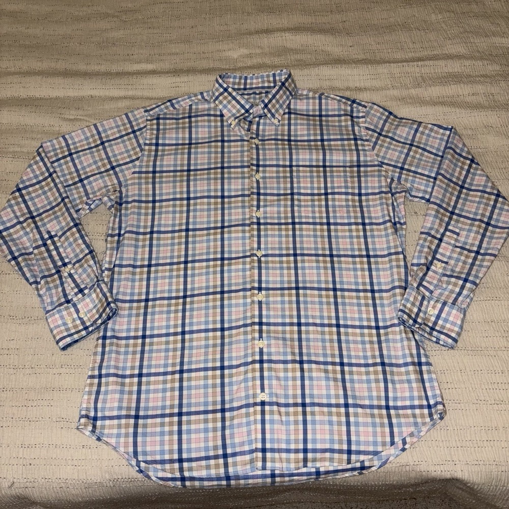 Peter Millar Mens‎ Long Sleeve Button Down Shirt Plaid Blue Orange Gray Size L